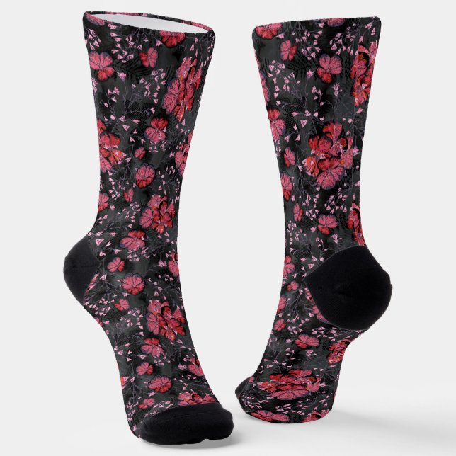 Red flowers on a black-gray background. socks (Angled)