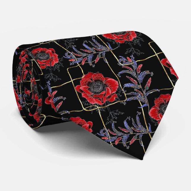 Red flowers on a black neck tie (Rolled)