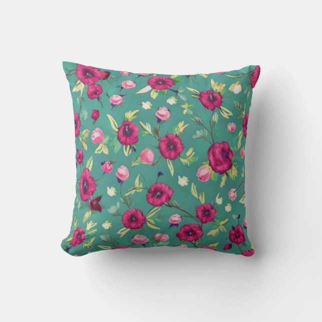 Red Flowers on a green background  Throw Pillow (Front)