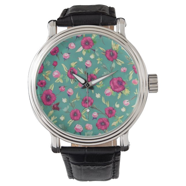 Red Flowers on a green background  Watch (Front)