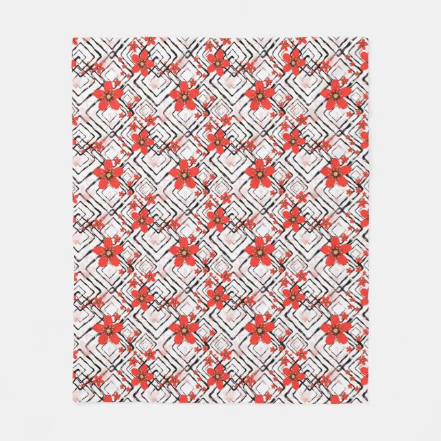 Red flowers on a white, black background. fleece blanket (Front)