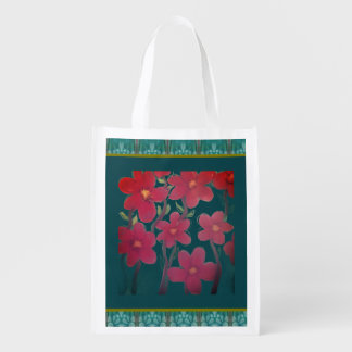 Red Flowers on Aqua Grocery Bag
