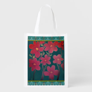 Red Flowers on Aqua Grocery Bag