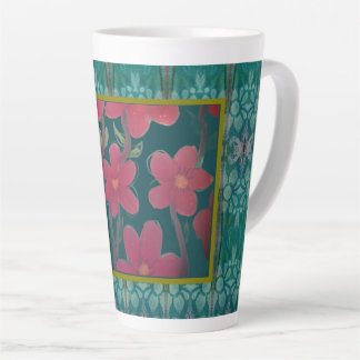 Red Flowers on Aqua Latte Mug