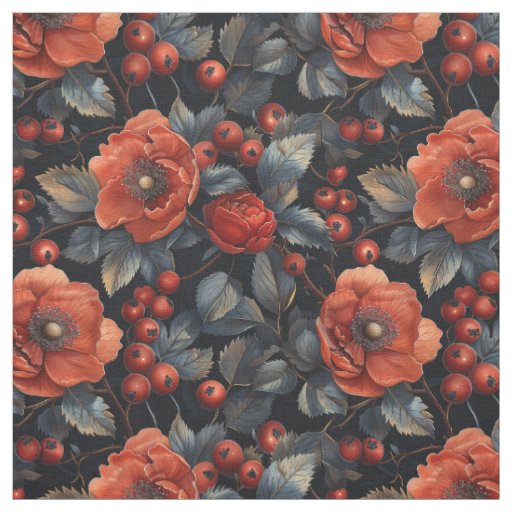 Red flowers on black background fabric