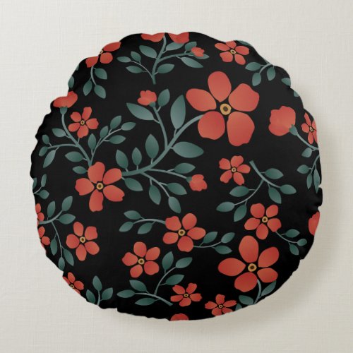 Red Flowers On Black Background Floral Garden Round Pillow