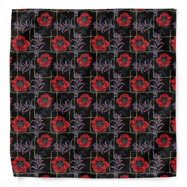 Red flowers on black. bandana (Front)