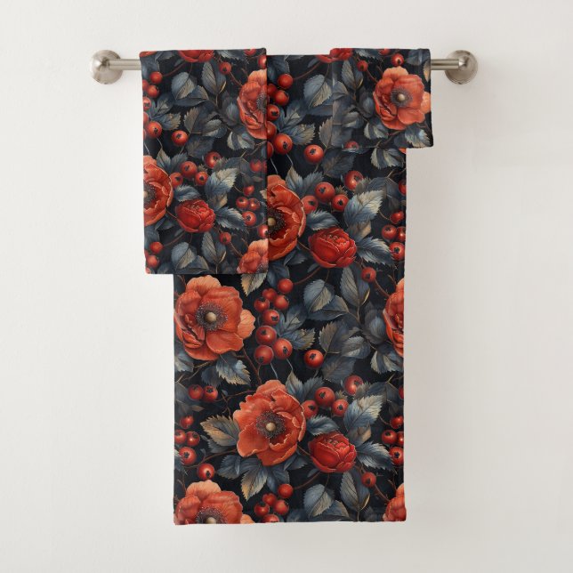Red flowers on black bath towel set (Insitu)