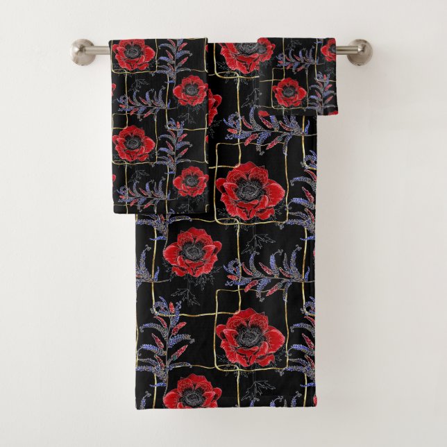 Red flowers on black. bath towel set (Insitu)