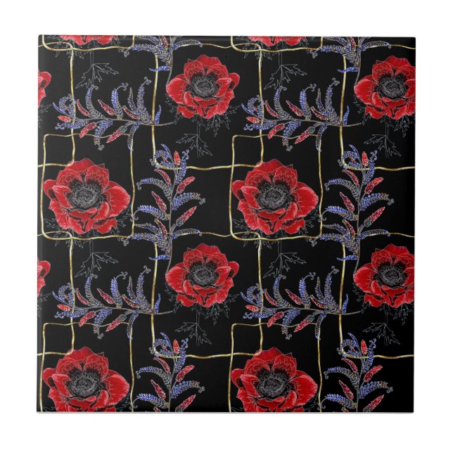 Red flowers on black. ceramic tile (Front)