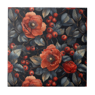 Red flowers on black ceramic tile