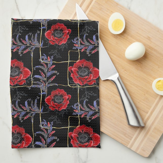 Red flowers on black. kitchen towel (Quarter Fold)