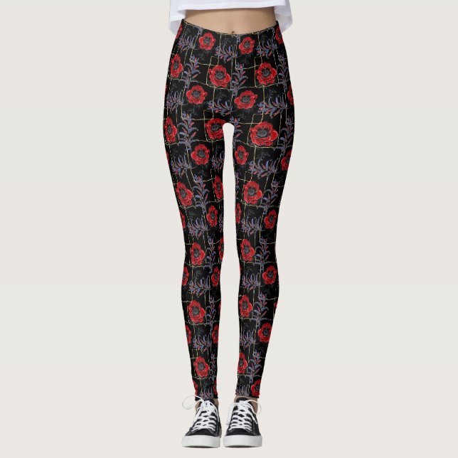 Red flowers on black. leggings (Front)