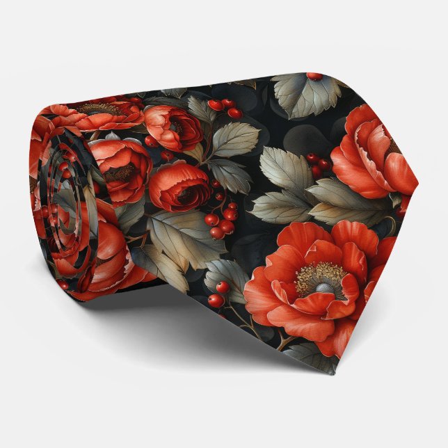 Red flowers on black neck tie (Rolled)