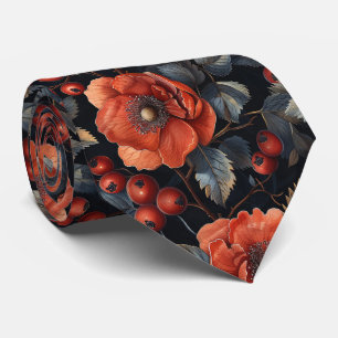 Red flowers on black neck tie