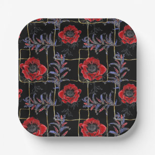 Red flowers on black. paper plates