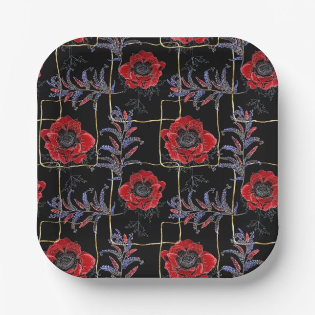 Red flowers on black. paper plates (Front)
