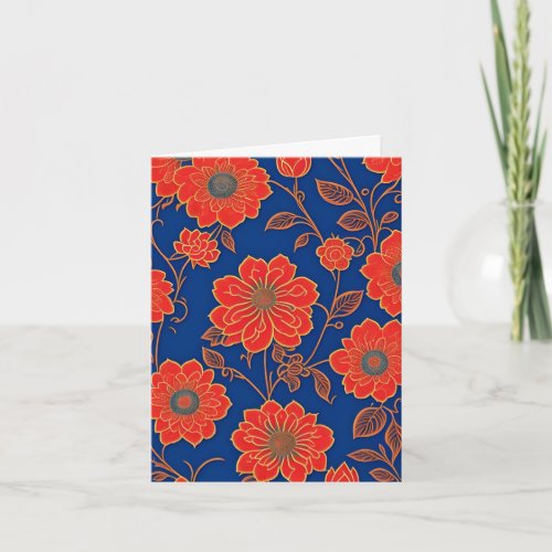 Red Flowers on Blue Chinoiserie Valentine Holiday Card