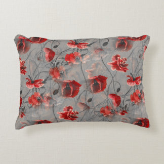 Red Flowers on Dark Gray, Red Poppies Floral Print Accent Pillow