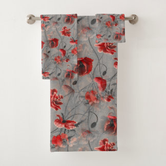 Red Flowers on Dark Gray, Red Poppies Floral Print Bath Towel Set