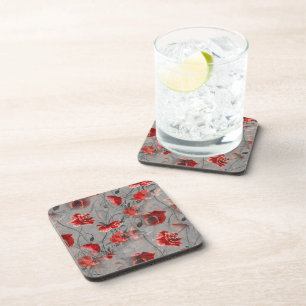 Red Flowers on Dark Gray, Red Poppies Floral Print Beverage Coaster