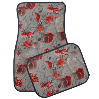 Red Flowers on Dark Gray, Red Poppies Floral Print Car Floor Mat
