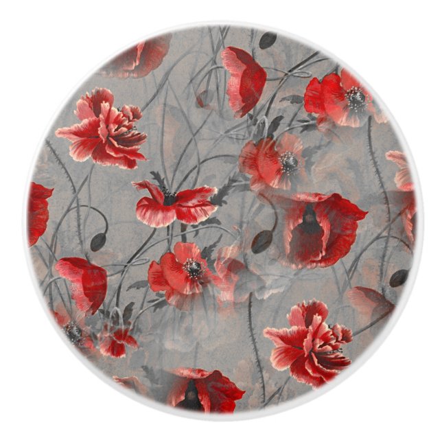 Red Flowers on Dark Gray, Red Poppies Floral Print Ceramic Knob (Front)