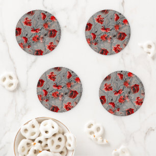 Red Flowers on Dark Gray, Red Poppies Floral Print Coaster Set