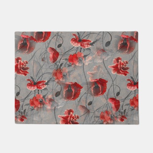 Red Flowers on Dark Gray Red Poppies Floral Print Doormat