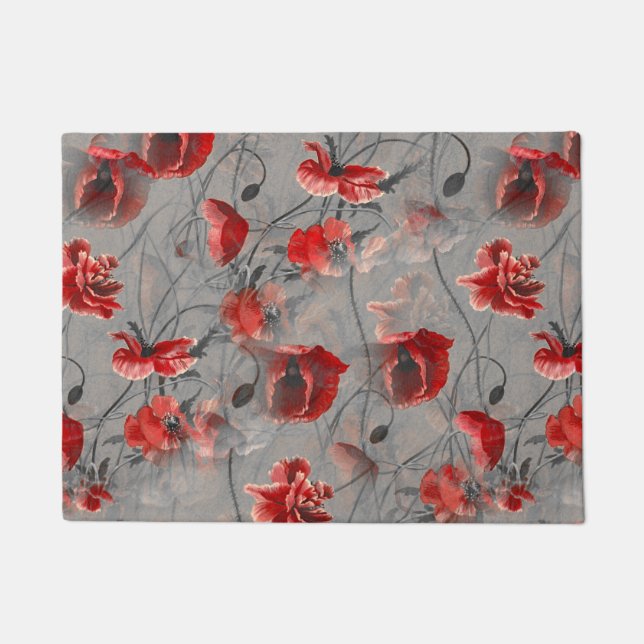 Red Flowers on Dark Gray, Red Poppies Floral Print Doormat (Front)