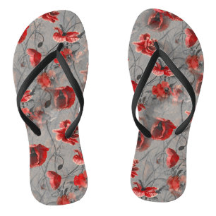 Red Flowers on Dark Gray, Red Poppies Floral Print Flip Flops