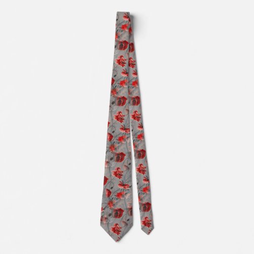 Red Flowers on Dark Gray Red Poppies Floral Print Neck Tie