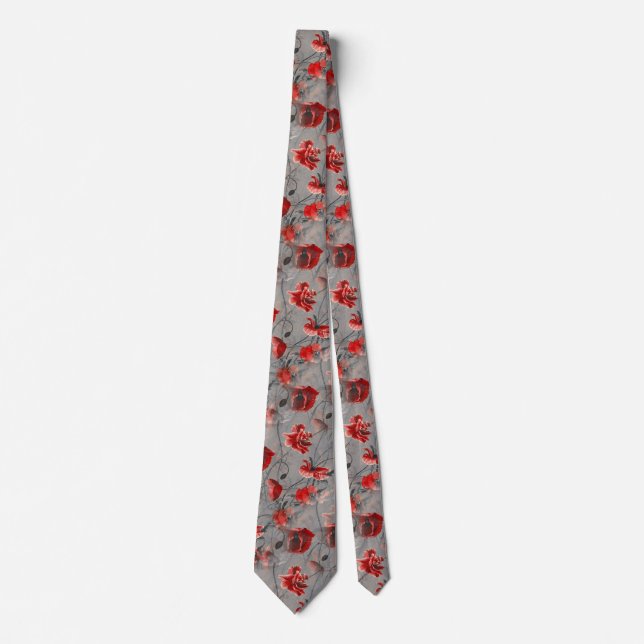 Red Flowers on Dark Gray, Red Poppies Floral Print Neck Tie (Front)