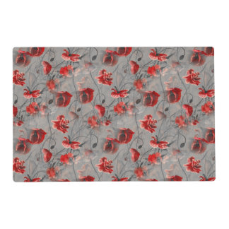 Red Flowers on Dark Gray, Red Poppies Floral Print Placemat