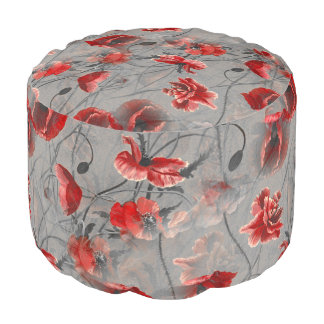 Red Flowers on Dark Gray, Red Poppies Floral Print Pouf