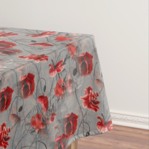 Red Flowers on Dark Gray Red Poppies Floral Print Tablecloth