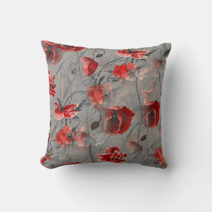Red Flowers on Dark Gray, Red Poppies Floral Print Throw Pillow