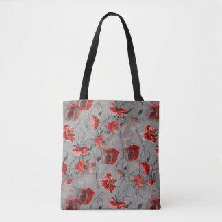 Red Flowers on Dark Gray, Red Poppies Floral Print Tote Bag