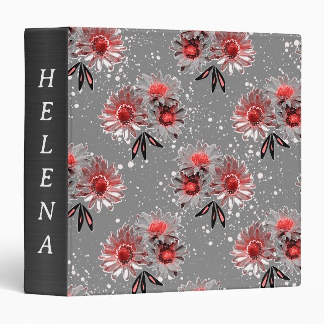 Red flowers on gray 3 ring binder (Front/Spine)