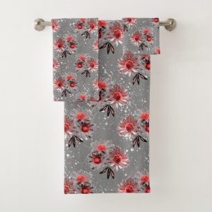 Red flowers on gray bath towel set