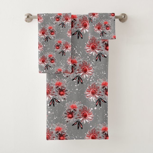Red flowers on gray bath towel set (Insitu)