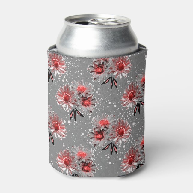 Red flowers on gray can cooler (Can Front)