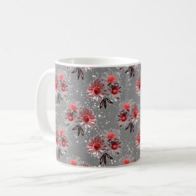 Red flowers on gray coffee mug (Front Left)
