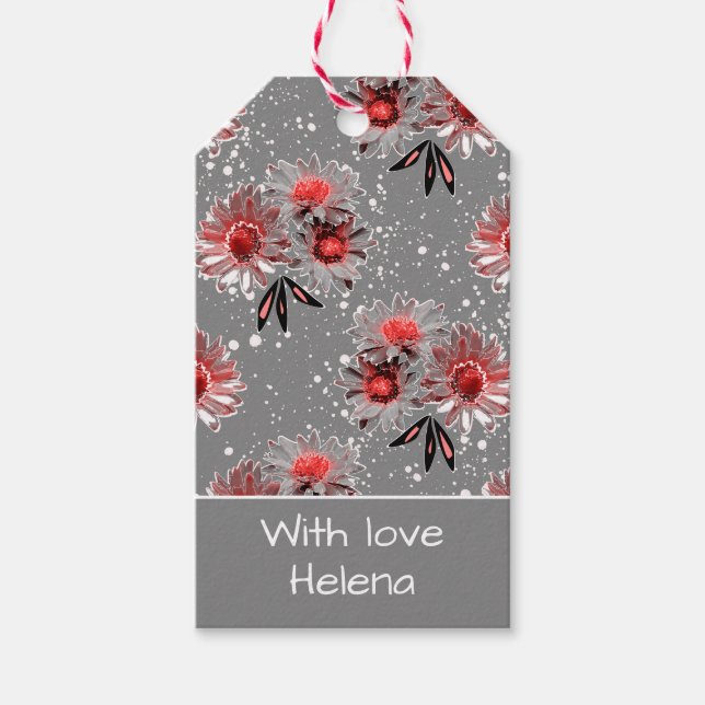 Red flowers on gray gift tags (Front)
