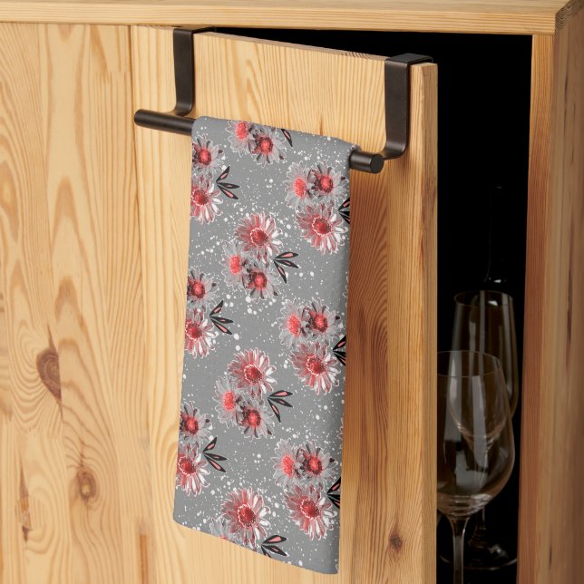 Red flowers on gray kitchen towel (Thirds Fold)