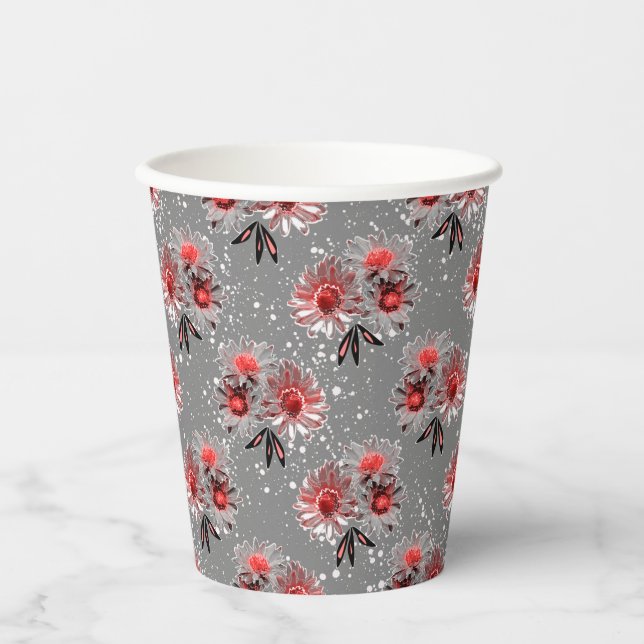Red flowers on gray paper cups (Front)