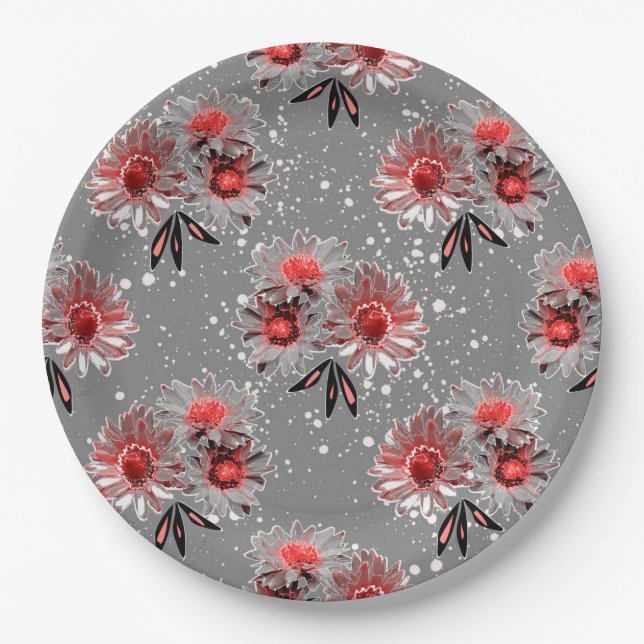 Red flowers on gray paper plates (Front)
