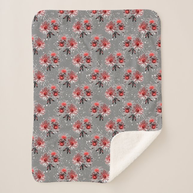 Red flowers on gray sherpa blanket (Front)