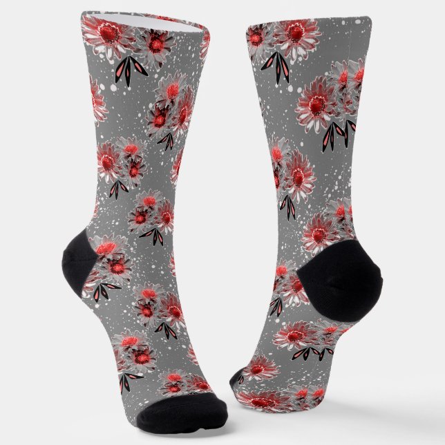 Red flowers on gray socks (Angled)