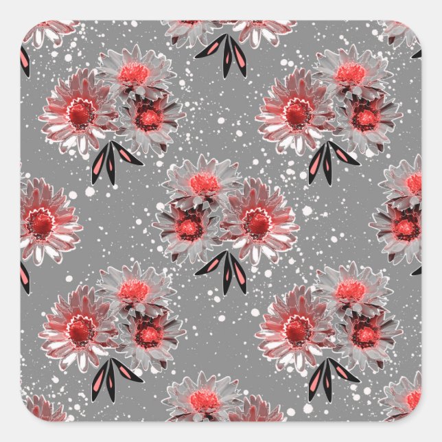 Red flowers on gray square sticker (Front)